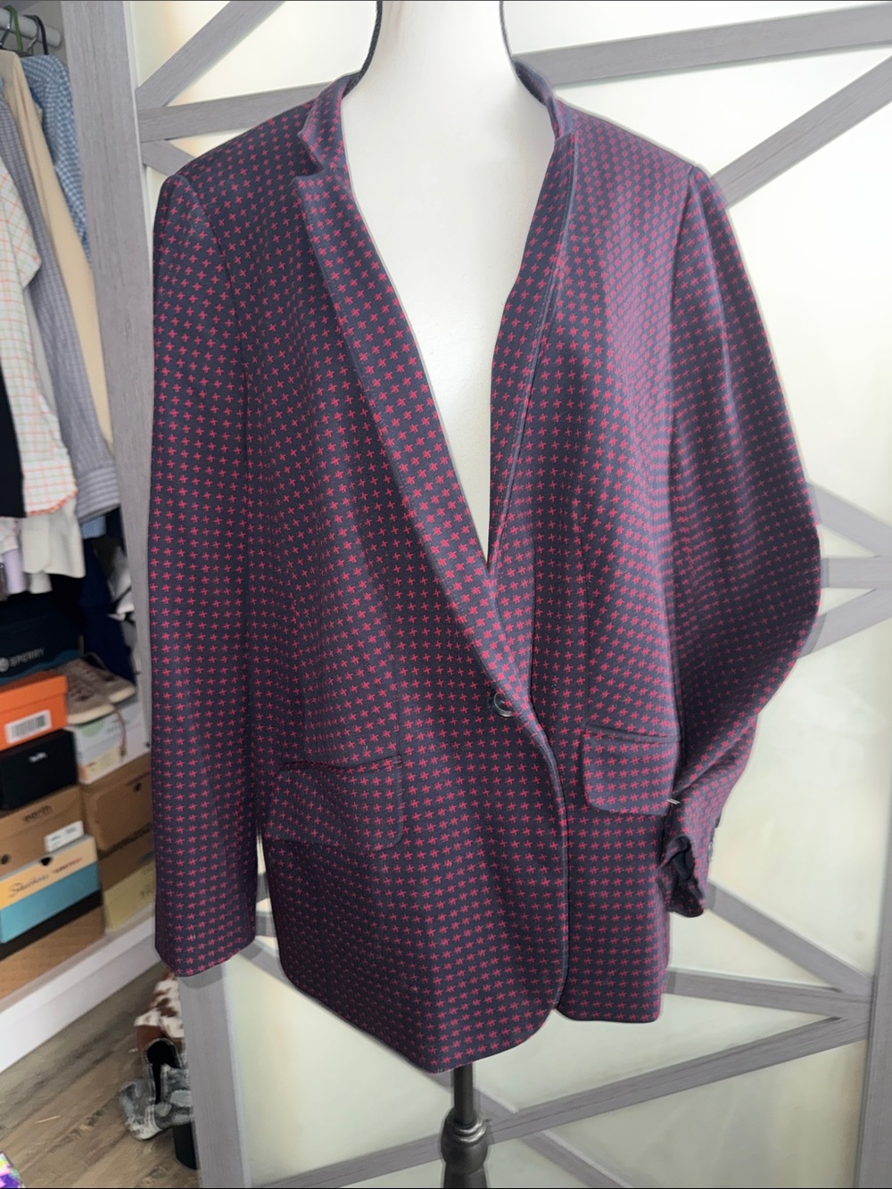 Talbots Woman 16W Aberdeen Navy Red Print Cotton Blazer Jacket